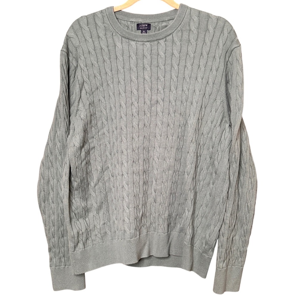 J.Crew Preppy Cable Knit Mens XL Sage Green Cotton Crewneck Sweater Old Money